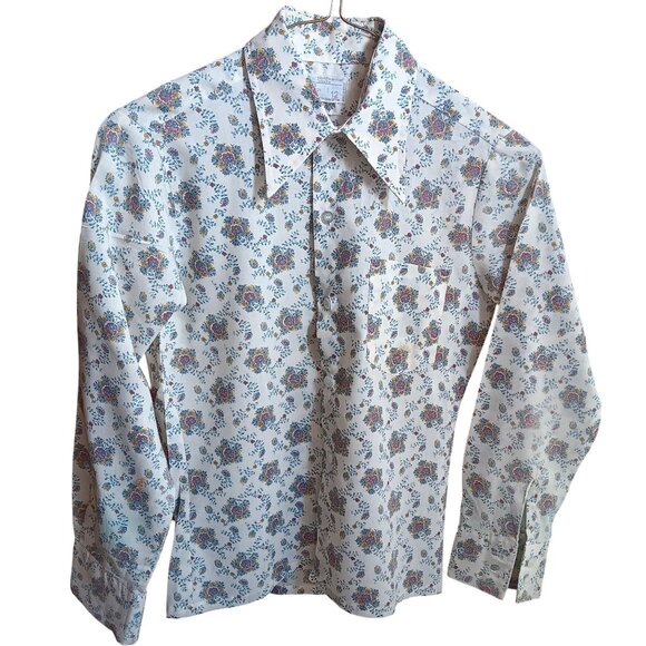 Boys 12 Vintage 1970s Floral Button-Up Hippy Disco Shirt JC Penney Big Collar
